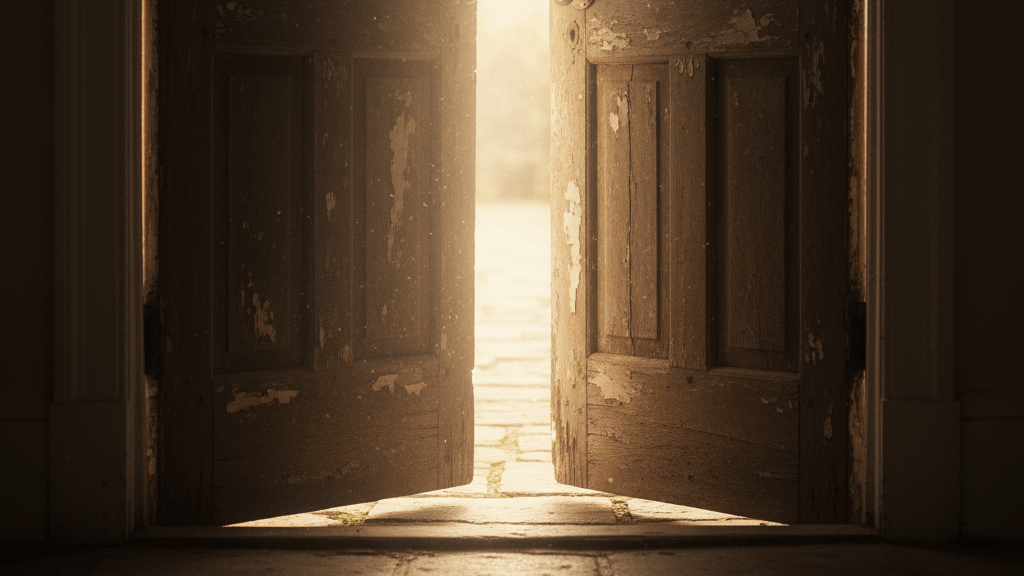 少しだけ開かれた古い扉から、温かい光が漏れている様子