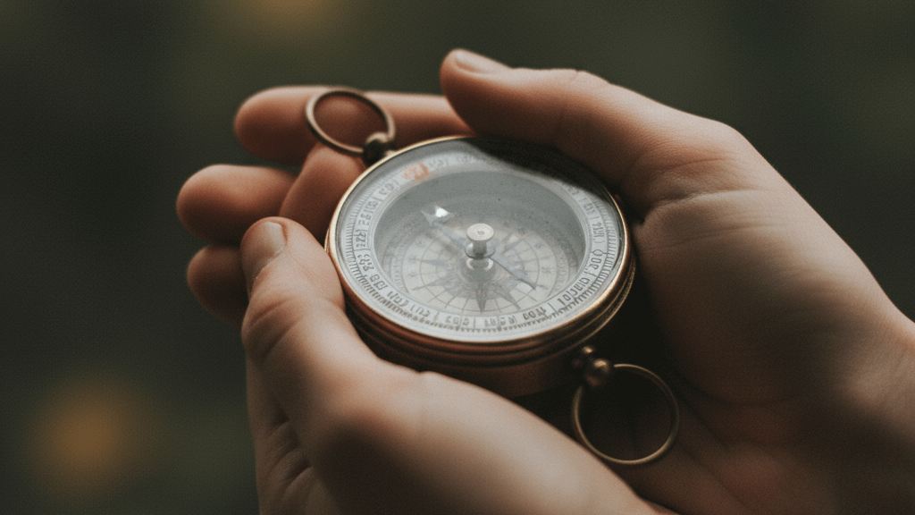 古い方位磁石(コンパス)を、そっと手に乗せている様子。