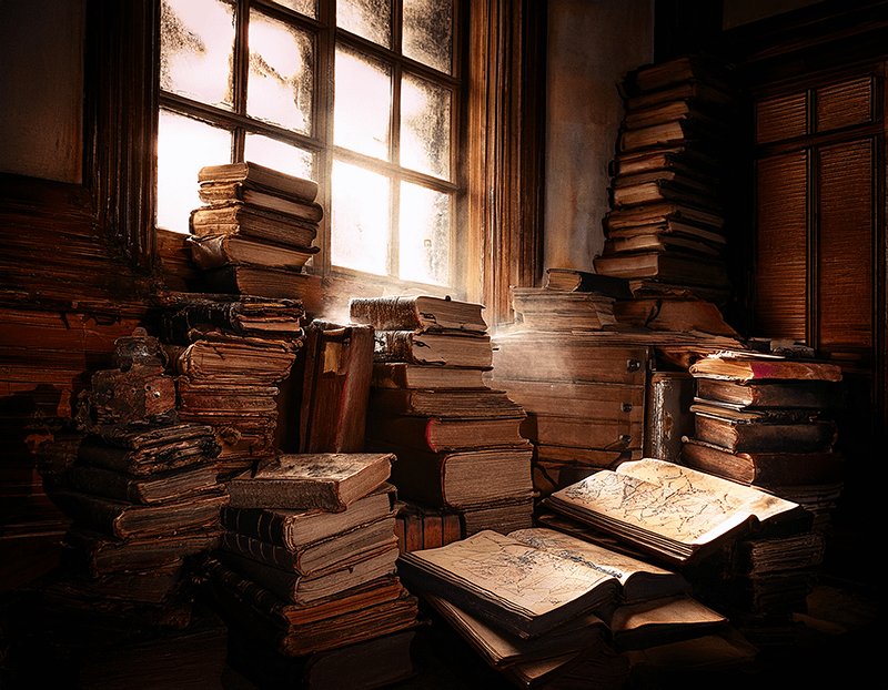 薄暗い部屋に、高く積み上げられた古い本や地図