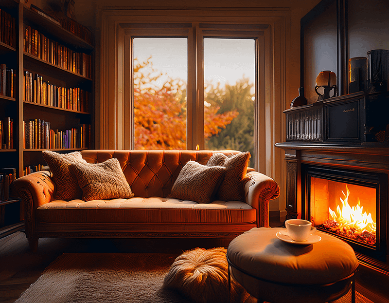 暖炉の火が優しく揺れる、温かい雰囲気の書斎(誰もいない空間)