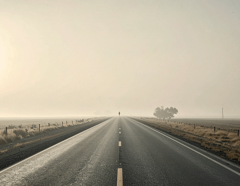 霧が立ち込める中で、どこまでも続くように見える一本道