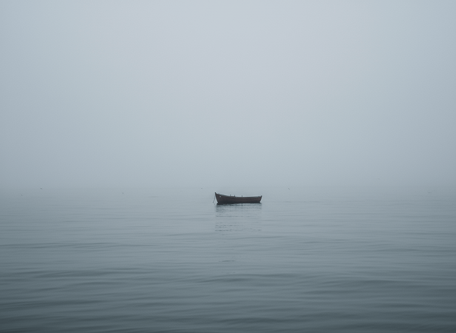 霧のかかった、静かな海と小舟