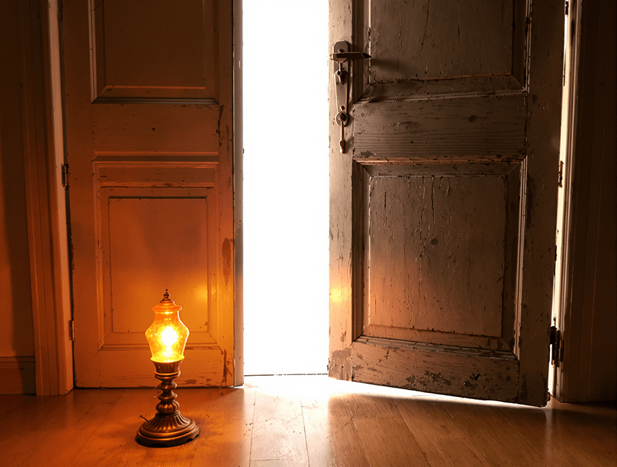 少しだけ開いた古い木の扉と、足元を照らす小さなランプ