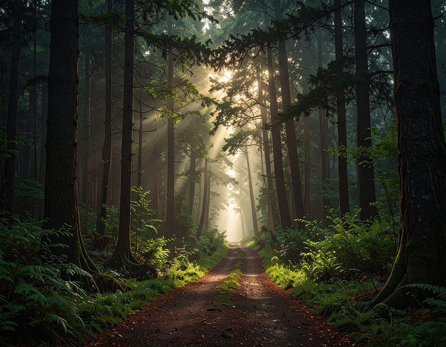 木漏れ日が差し込む、静かな森の奥へと続く小道