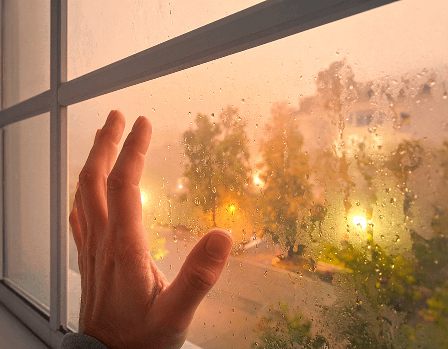 雨粒が流れる窓ガラスに、そっと触れる指先
