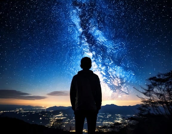 静かな夜、澄んだ星空を見上げる一人の後ろ姿