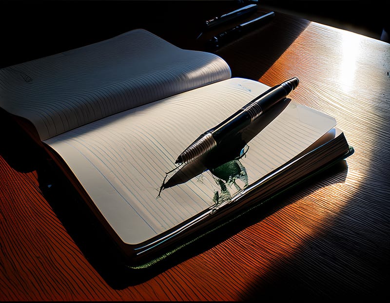窓からの淡い光が差し込む机の上。書きかけでペンが置かれた、少しインクが滲んだノートのクローズアップ