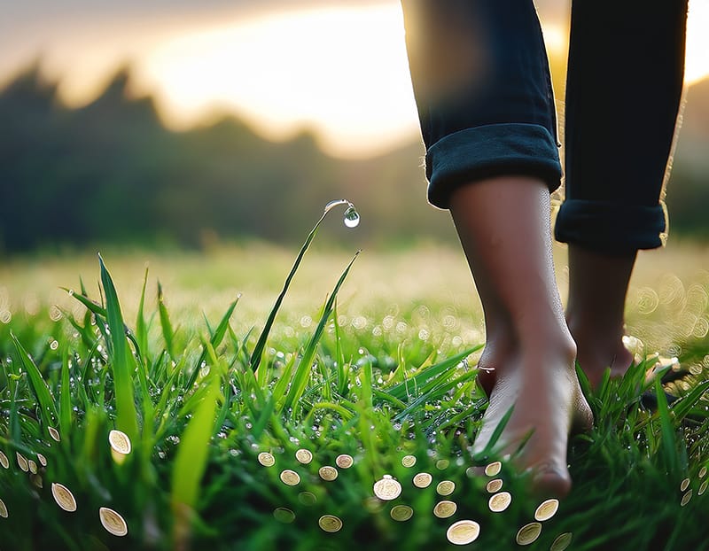 雨上がりの後の、葉っぱの先で光る水滴のクローズアップ。もしくは、朝露に濡れた草の上を歩く裸足の足元